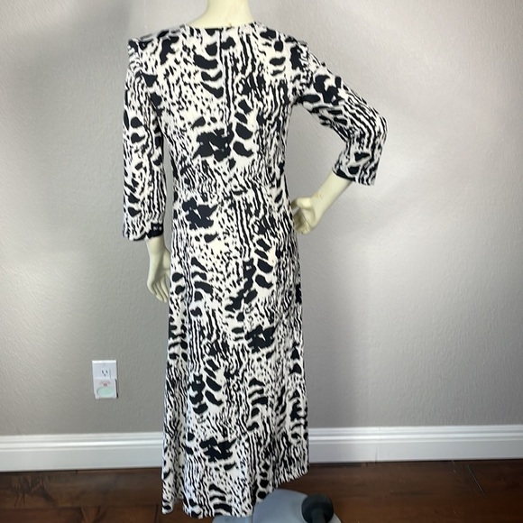 BA&SH Olga Gathered Printed Crepe de Chine Midi Dress Black White Splotchy 0 XS - Picture 6 of 13